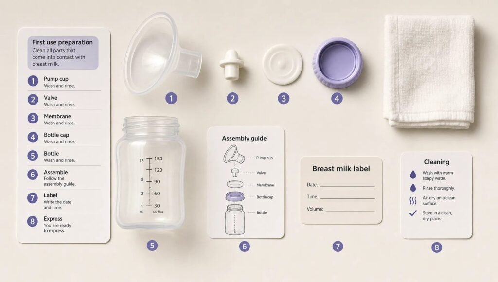 Pump parts, a bottle cap, labels and a cloth are laid out in a neat grid for first-time assembly.
