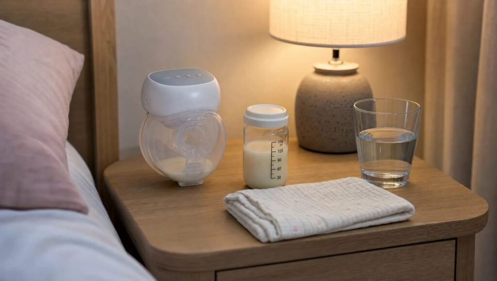 A wearable electric breast pump beside a bottle of expressed milk, a glass of water and a folded muslin cloth on a bedside table.